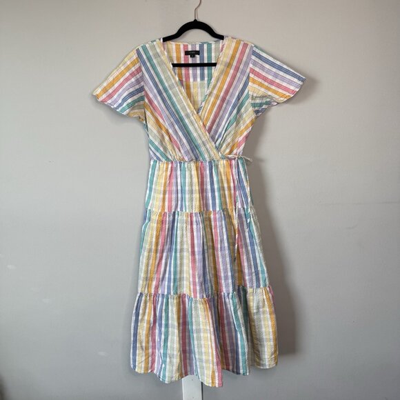 J. Crew Faux-Wrap Rainbow Gingham Cotton Tiered Midi Dress 10 Colorful Fun Retro - Picture 2 of 9